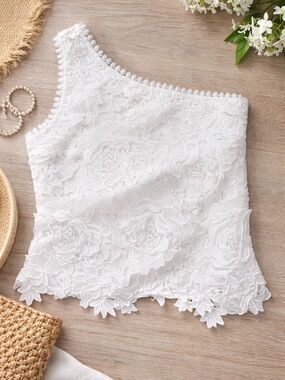 White Lace One Shoulder Top Floral Crochet Boho Summer Blouse Small